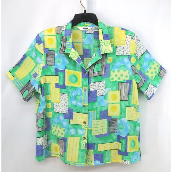 ALIA Shirt Womens Size 16P Multicolor Floral Blocks Short Sleeve Button Up Top - Picture 1 of 6